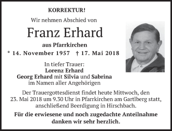 Todesanzeige von Franz Erhard von merkurtz