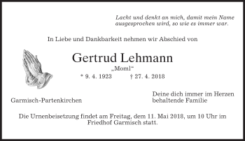 Todesanzeige von Gertrud Lehmann von merkurtz