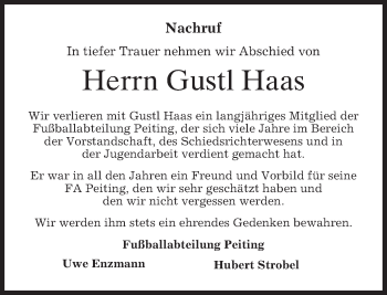 Todesanzeige von Gustl Haas von merkurtz