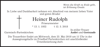 Todesanzeige von Heiner Rudolph von merkurtz