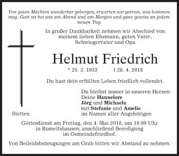 Todesanzeige von Helmut Friedrich von merkurtz