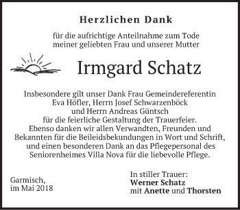 Todesanzeige von Irmgard Schatz von merkurtz