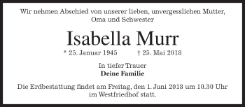 Todesanzeige von Isabella Murr von merkurtz