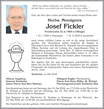 Todesanzeige von Josef Fickler von merkurtz