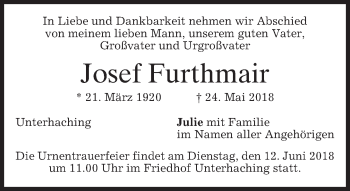 Todesanzeige von Josef Furthmair von merkurtz