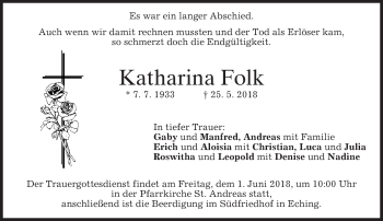 Todesanzeige von Katharina Folk von merkurtz