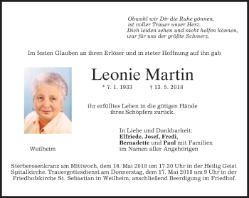 Todesanzeige von Leonie Martin von merkurtz