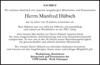 Todesanzeige von Manfred Hübsch von merkurtz
