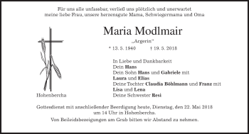 Todesanzeige von Maria Modlmair von merkurtz
