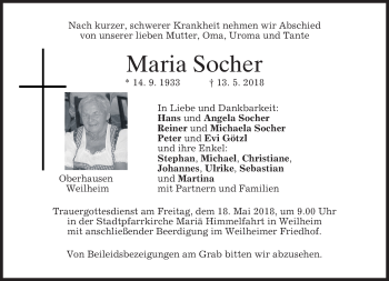 Todesanzeige von Maria Socher von merkurtz