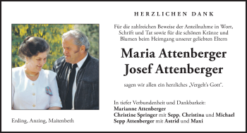 Todesanzeige von Maria und Josef Attenberger von merkurtz