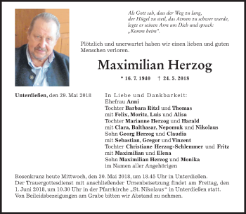 Todesanzeige von Maximilian Herzog von merkurtz