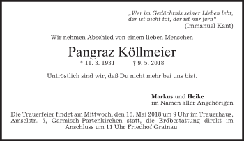 Todesanzeige von Pangraz Köllmeier von merkurtz