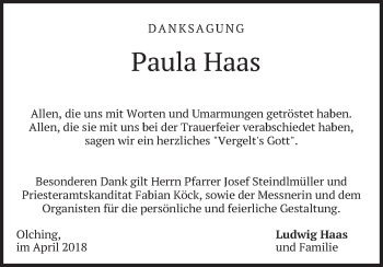 Todesanzeige von Paula Haas von merkurtz
