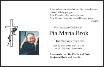 Todesanzeige von Pia Maria Brok von merkurtz