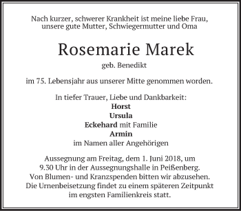 Todesanzeige von Rosemarie Marek von merkurtz