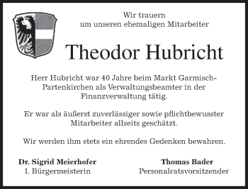 Todesanzeige von Theodor Hubricht von merkurtz