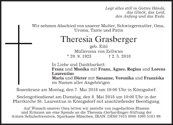 Todesanzeige von Theresia Grasberger von merkurtz