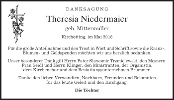 Todesanzeige von Theresia Niedermaier von merkurtz