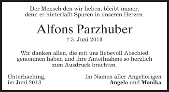 Todesanzeige von Alfons Parzhuber von merkurtz