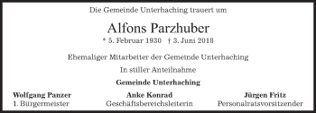 Todesanzeige von Alfons Parzhuber von merkurtz