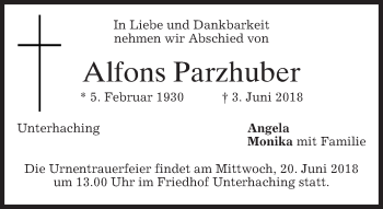 Todesanzeige von Alfons Parzhuber von merkurtz