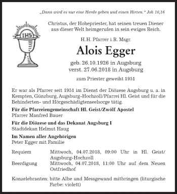 Todesanzeige von Alois Egger von merkurtz