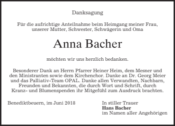 Todesanzeige von Anna Bacher von merkurtz
