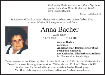Todesanzeige von Anna Bacher von merkurtz