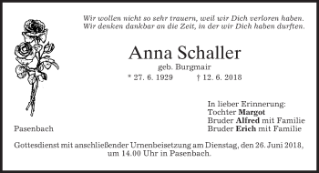 Todesanzeige von Anna Schaller von merkurtz