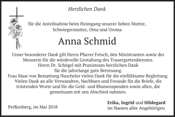 Todesanzeige von Anna Schmid von merkurtz