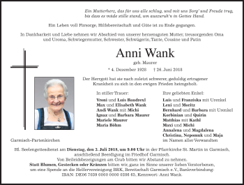 Todesanzeige von Anni Wank von merkurtz