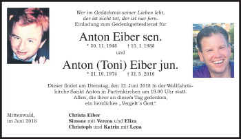 Todesanzeige von Anton Eiber sen. und jun. von merkurtz