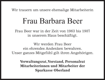 Todesanzeige von Barbara Beer von merkurtz