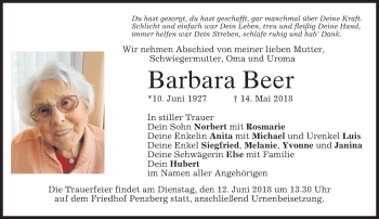 Todesanzeige von Barbara Beer von merkurtz
