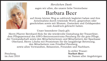 Todesanzeige von Barbara Beer von merkurtz