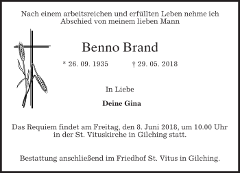 Todesanzeige von Benno Brand von merkurtz