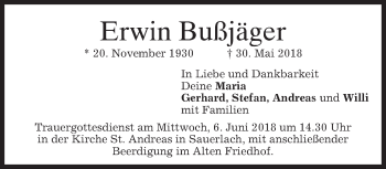 Todesanzeige von Erwin Bußjäger von merkurtz