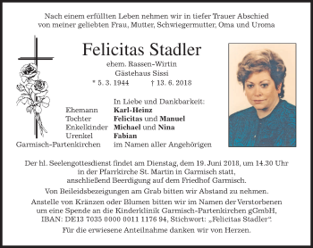 Todesanzeige von Felicitas Stadler von merkurtz