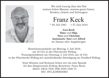 Todesanzeige von Franz Keck von merkurtz