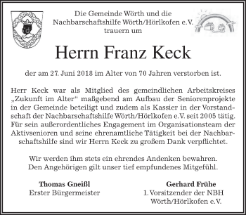 Todesanzeige von Franz Keck von merkurtz