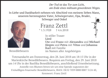 Todesanzeige von Franz Zettl von merkurtz