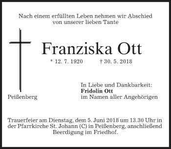 Todesanzeige von Franziska Ott von merkurtz
