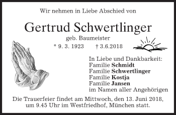 Todesanzeige von Gertrud Schwertlinger von merkurtz