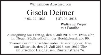 Todesanzeige von Gisela Deimer von merkurtz