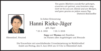 Todesanzeige von Hanni Rieke-Jäger von merkurtz