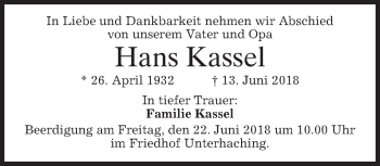 Todesanzeige von Hans Kassel von merkurtz
