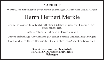 Todesanzeige von Herbert Merkle von merkurtz