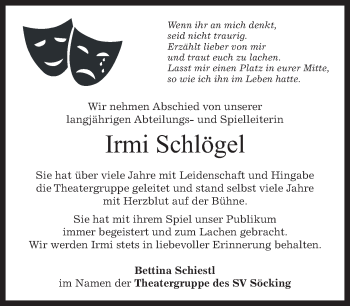 Todesanzeige von Irmi Schlögel von merkurtz