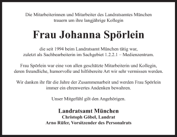 Todesanzeige von Johanna Spörlein von merkurtz